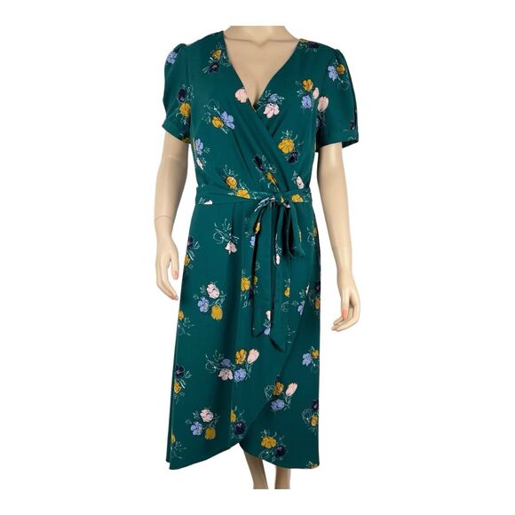 Modcloth Dresses & Skirts - ModCloth Green Floral Print Faux Wrap Midi Dress MEDIUM Pockets Belted Lined
